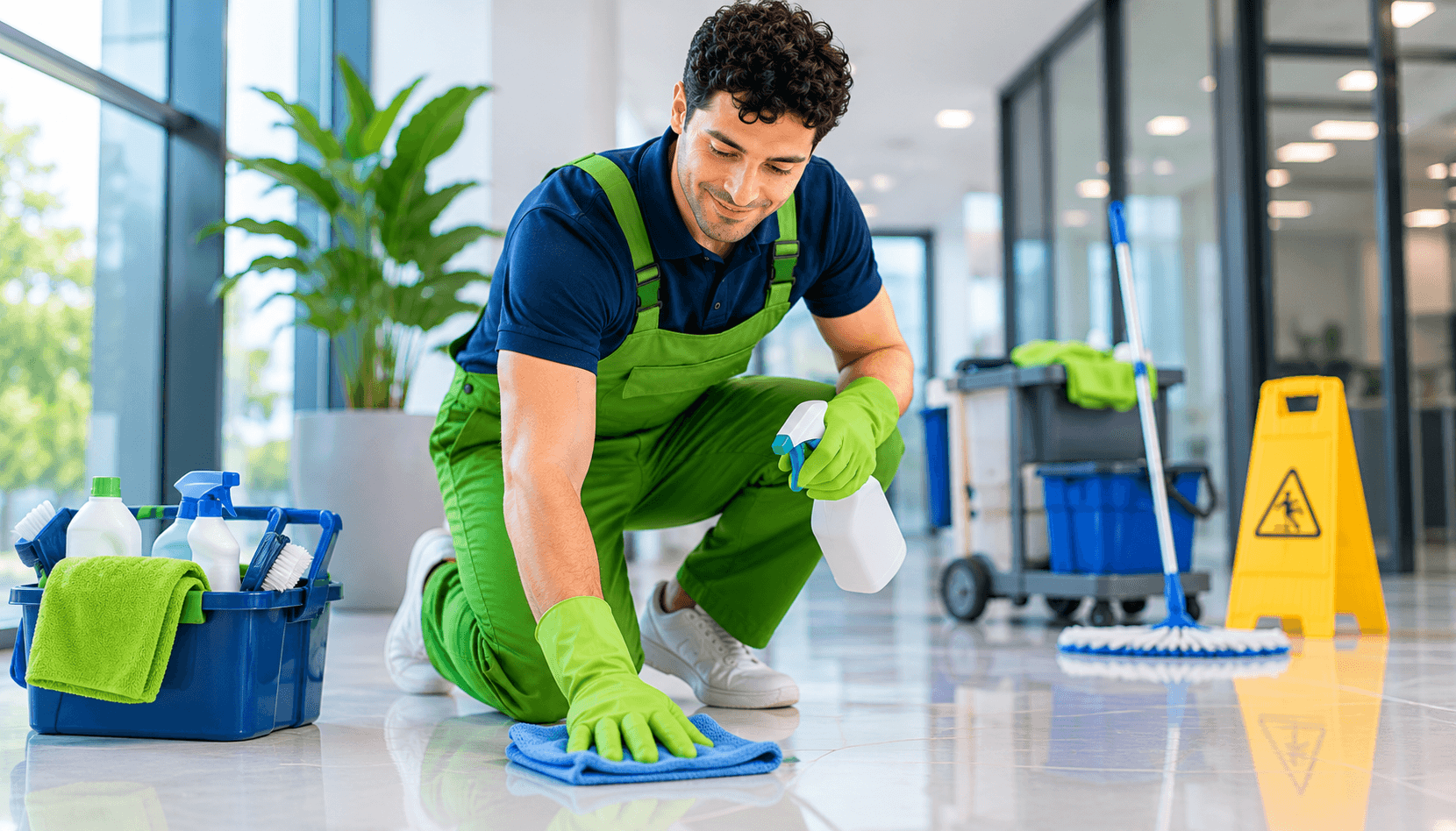 Global Cleans Facilities professional cleaning a corporate office